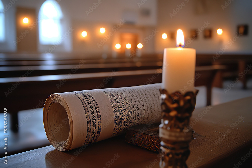 Poster Serene Yom Kippur Observation in a Synagogue with Soft Candlelight