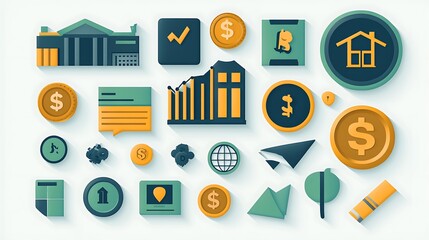 A flat lay of various financial icons, including coins, bonds, stocks, and real estate symbols, representing a diversified investment portfolio.