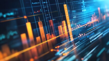 An abstract 3D bar chart with transparent bars of varying heights, floating in a digital space filled with numbers and graphs, illustrating data analysis.