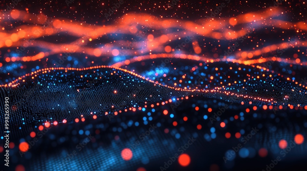 Poster an abstract 3d scatter plot with glowing data points on a dark background, emphasizing data relation