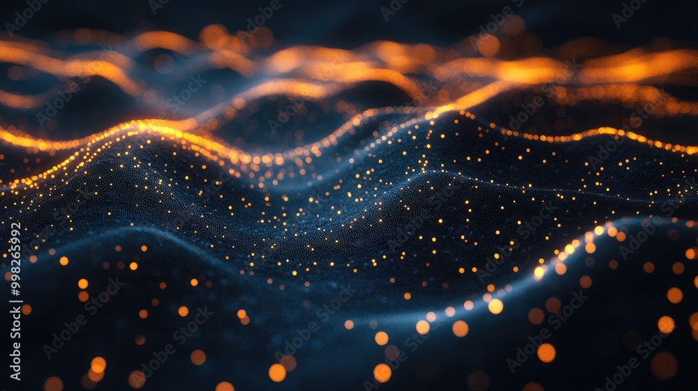 Poster an abstract 3d scatter plot with glowing data points on a dark background, emphasizing data relation