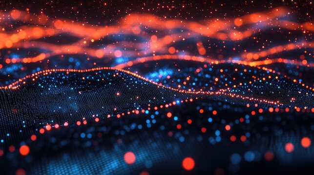 An abstract 3D scatter plot with glowing data points on a dark background, emphasizing data relationships and trends in scientific research or data science.