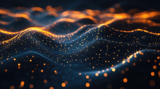 An abstract 3D scatter plot with glowing data points on a dark background, emphasizing data relationships and trends in scientific research or data science.