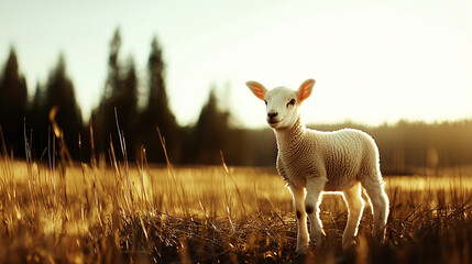 Obraz premium A curious white lamb stands on lush green grass in a serene nordic countryside. Soft sunlight highlights its wool, while distant fields and a clear sky create a peaceful atmosphere.