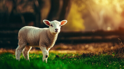 Obraz premium A curious white lamb stands on lush green grass in a serene nordic countryside. Soft sunlight highlights its wool, while distant fields and a clear sky create a peaceful atmosphere.