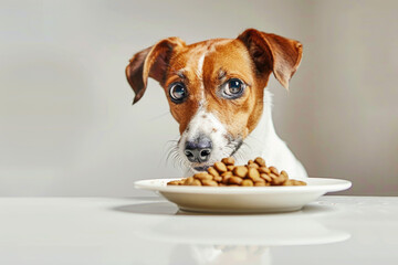 Adorable Dog with Curious Expression Sniffing a Plate of Tasty Treats