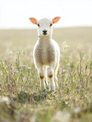 Obraz premium A curious white lamb stands on lush green grass in a serene nordic countryside. Soft sunlight highlights its wool, while distant fields and a clear sky create a peaceful atmosphere.