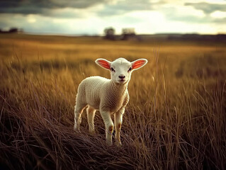 Fototapeta premium A curious white lamb stands on lush green grass in a serene nordic countryside. Soft sunlight highlights its wool, while distant fields and a clear sky create a peaceful atmosphere.