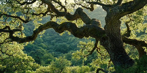Ancient Oak Tree Sanctuary: An ancient oak tree towers above a forested glen, its gnarled branches sheltering a variety of woodland creatures.