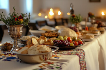 Festive Yom Kippur Break-Fast Table Setting with Ceremonial Foods  