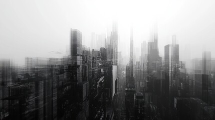 Fototapeta premium Abstract pixelated cityscape with high-rise buildings in grayscale, capturing the essence of a futuristic urban environment.