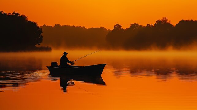 Silhouette of a man fishing from a boat at sunset, with a serene lake and orange sky backdrop, embodying the peace of evening angling.