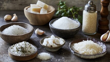 Fototapeta premium An artistic arrangement of salt shakers, salt blocks, and bowls of flavored salts, including garlic and herb-infused varieties, highlighting the versatility of this essential ingredient