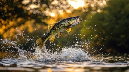 Obraz premium A fisherman casts his line at sunrise on a serene river, enveloped by a lush forest and a sky streaked with clouds, epitomizing peaceful fishing.