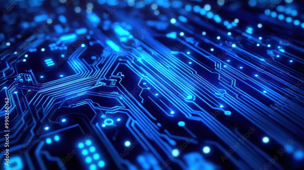 Poster blue circuit board lines emitting a soft glow, creating a tech-driven, dynamic background with a fut