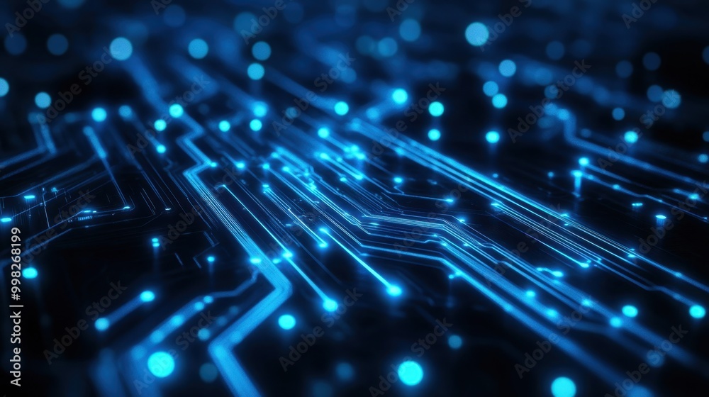 Poster blue circuit board lines emitting a soft glow, creating a tech-driven, dynamic background with a fut