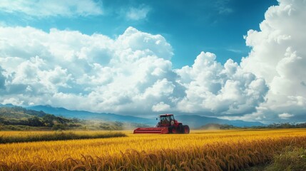 Fototapeta premium A rice harvester operating under cloudy skies, with the bright colors of the machine standing out against the muted tones of the landscape, capturing the rugged beauty of the harvest season.