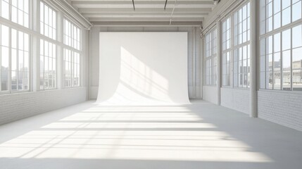 Bright photo studio with large windows and white backdrop, filled with natural light, offering a perfect setting for creative mockups.