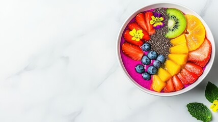 A colorful smoothie bowl with vibrant fruit slices, seeds, and edible flowers, set against a marble countertop, Realism, Bright colors, High detail
