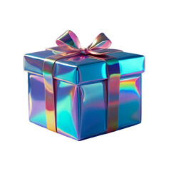 Obraz premium 3D holographic Y2K element, isolated background. Liquid chrome metal, box with a bow on top wrapped in shiny material and has a bright, festive appearance, gift.