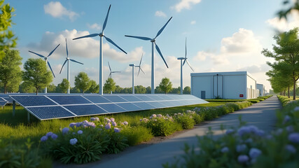 Aerial view of green energy storage facility, surrounded by wind farms and solar fields, integration of renewable sources AI Generative