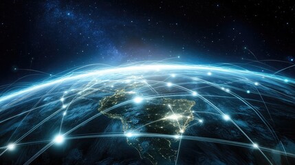 Interconnected lines encircling the Earth showcasing a futuristic technology theme with circles and lines representing concepts like the internet social media travel and logistics