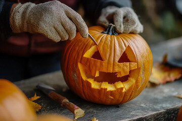 Happy excited family carving Helloween pumpkins making creepy face holiday preparation, Generative AI