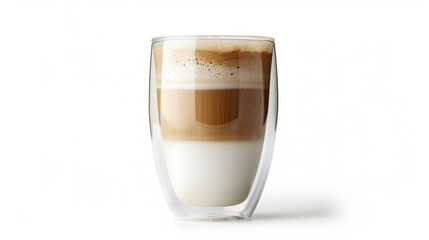 A cup of coffee. A trendy drink with whipped cream, coffee foam and milk in a double-glazed glass.