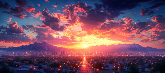 Fototapeta premium Vibrant City Skyline with Mountainous Background