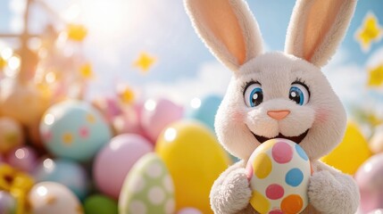 Cute Bunny Holding Colorful Easter Egg