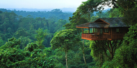 A treehouse nestled high in the treetops, offering a bird's eye view of the dense tropical rainforest below.