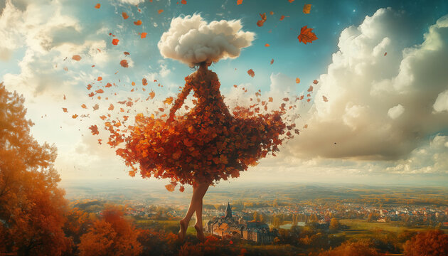 Beautiful magical surrealistic image of autumn, a magical girl with clouds in her hair and a dress made of autumn leaves walks high in the sky, below you can see a landscape of a forest and a cozy vil