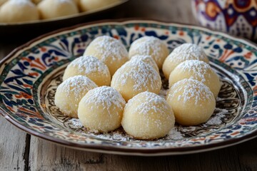 a traditional libyan dessert, debla or oudnin el kadhi, made with semolina flour, sugar, and ghee, shaped into small balls and decorated with powdered sugar, on a decorative plate