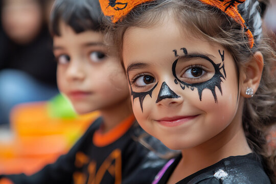 Children sitting in a classroom with Halloween decorations back to school concept generative AI