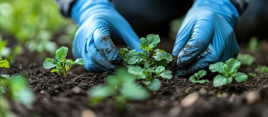 Close-up of gloved hands planting seedlings in rich soil.