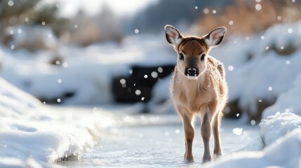 Snowy Scene with Fawn in Tranquil Winter Landscape