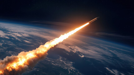 Obraz premium An ICBM Cutting Through the Atmosphere, Leaving a Bright Trail with Earth's Curvature Visible in the Background