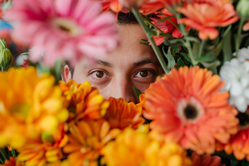 Naklejka premium Beautiful scenic flower store shop with its owner nursing blossom arranging bouquet, Generative AI
