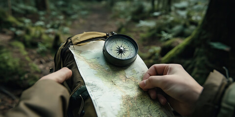 Wilderness Survival Test: A person using a compass and a map to navigate through a dense wooded area, facing various challenges along the way.