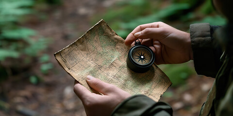 Wilderness Survival Test: A person using a compass and a map to navigate through a dense wooded area, facing various challenges along the way.