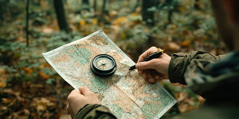 Wilderness Survival Test: A person using a compass and a map to navigate through a dense wooded area, facing various challenges along the way.