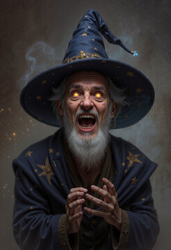 a wizard with glowing eyes wearing a blue robe and a wide-brimmed hat. an old man with a gray beard screams and clutches his hands to his chest.