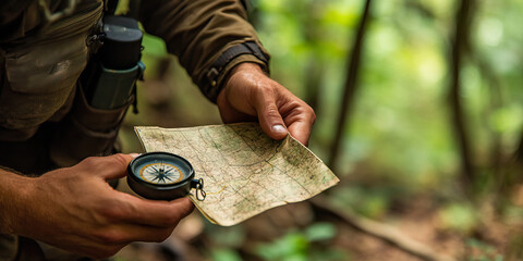 Wilderness Survival Test: A person using a compass and a map to navigate through a dense wooded area, facing various challenges along the way.