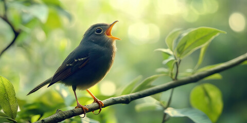 Nature's Symphony: A closeup of a bird perched on a branch, singing its melodious song amidst a lush forest backdrop.