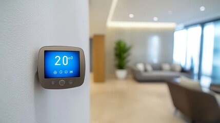 A smart thermostat displaying a temperature of 20 degrees Celsius in a modern living room with blurred background.