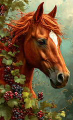Magnificent horse with bunches of grapes, animal against nature background close-up, year of the horse