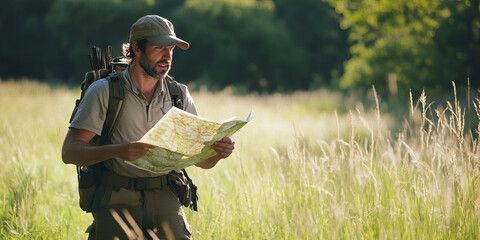 Rugged Explorer: A determined man in outdoorsman attire, striding through a grassy field with a map in hand.