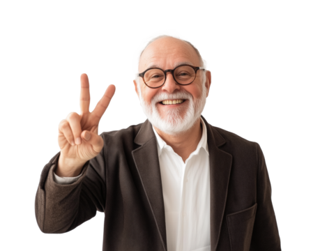 Happy senior man in a blazer wearing glasses and signaling peace with a joyful smile indoors