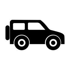 SUV icon in black, simple design, white background, transportation symbol, rounded wheels, strong outline, vehicle fleet, adventure vehicle, off-road capable, modern style.