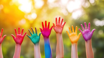 Diverse hands and hearts raised in the air, united for charity and community in a colorful, vibrant morning scene.
